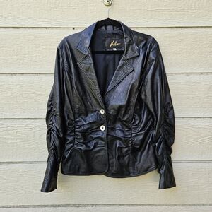 vintage Neto black ruched leather jacket size 12 MISSING BUTTON